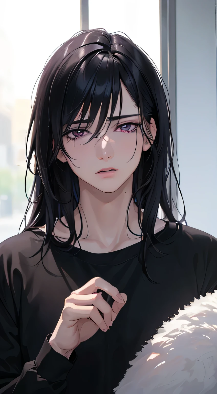 (Best quality,4K,8 k,A high resolution,masterpiece:1.2),ultra detailed,(realistic,photorealistic,photo-realistic:1.37), depressed anime man, pure black hair, Deep purple eyes, wear a black shirt, dead eyes, emotionless, dark shadows, it's raining in the background, wet streets, atmosphere, urban setting, reflections on the sidewalk, Unsaturated colors, Faint neon lights, Мрачная atmosphere, ((handsome guy)), short hair