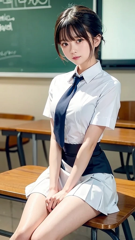(Tabletop, Highest quality:1.2), 8K, 18-year-old, 85mm, Official Art, RAW Photos, Absurd, White dress shirt, Cute face, close, Upper Body, Viola Lace, Gardenia, beautiful girl, , (Navy Pleated Skirt:1.1), Squeeze the waist, Thighs, Short sleeve, classroom, ponytail、short hair、short hair、sit on bench seat, Looking at the audience, No makeup, (smile:0.4), Film Grain, chromatic aberration, Sharp focus, Face Light, Bright lighting, Teen, Detailed face, Background Blur, (Dark red tie:1.1)、日本の学校のclassroom、classroom
