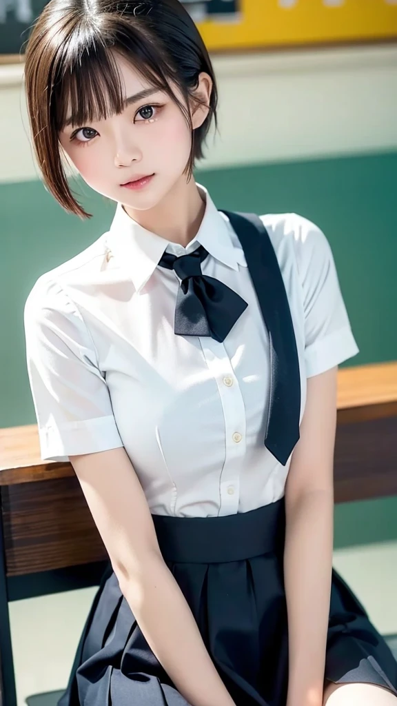 (Tabletop, Highest quality:1.2), 8K, 18-year-old, 85mm, Official Art, RAW Photos, Absurd, White dress shirt, Cute face, close, Upper Body, Viola Lace, Gardenia, beautiful girl, , (Navy Pleated Skirt:1.1), Squeeze the waist, Thighs, Short sleeve, classroom, ponytail、short hair、short hair、sit on bench seat, Looking at the audience, No makeup, (smile:0.4), Film Grain, chromatic aberration, Sharp focus, Face Light, Bright lighting, Teen, Detailed face, Background Blur, (Dark red tie:1.1)、日本の学校のclassroom、classroom