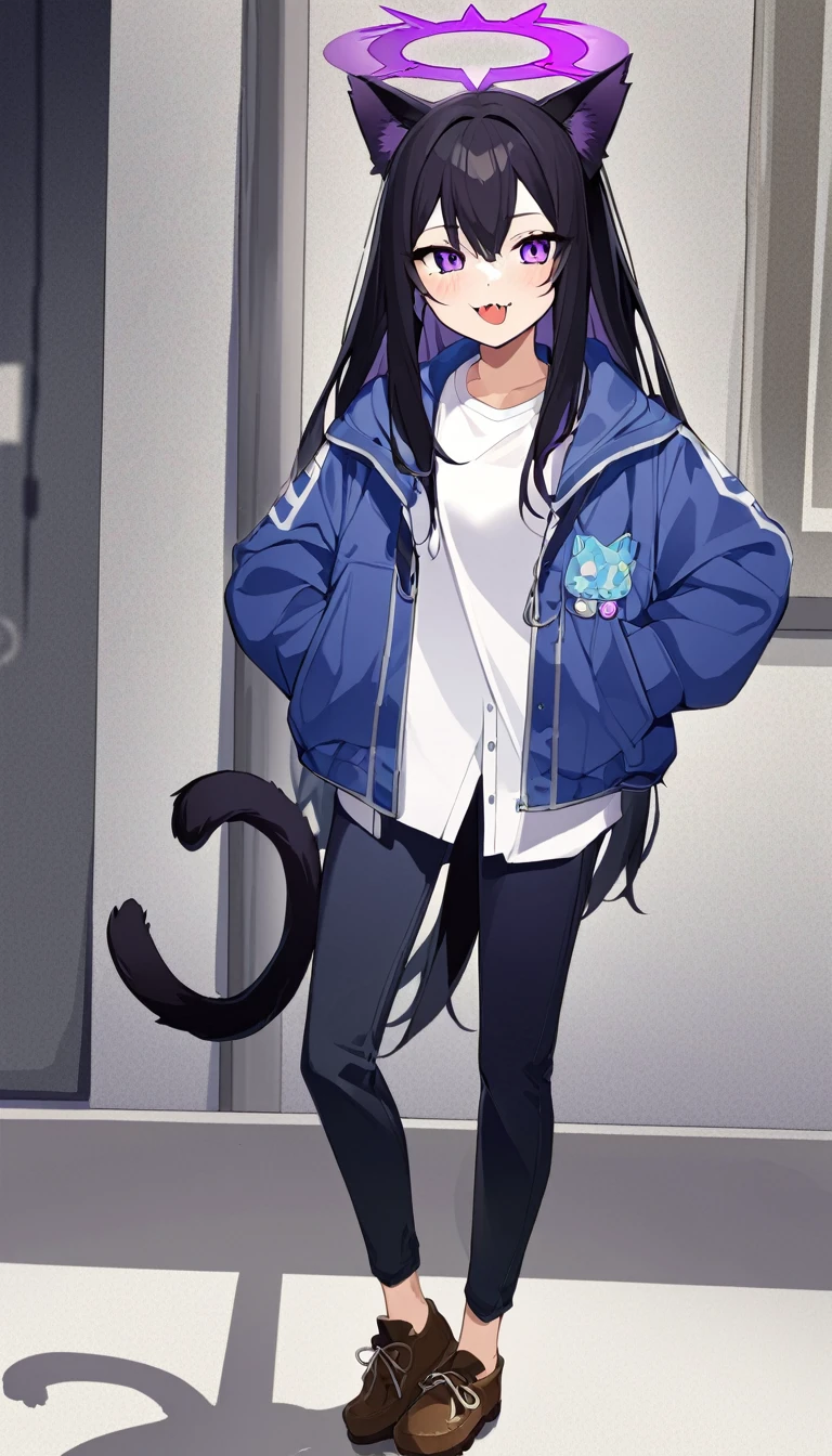 a young girl, 4ft9 in Hight, open blue jacket, white shirt, short jeans, very long black hair, brown work shoes, ,purple eyes, ,fang, ,cat ears, ,cat tail, character design, purple halo,