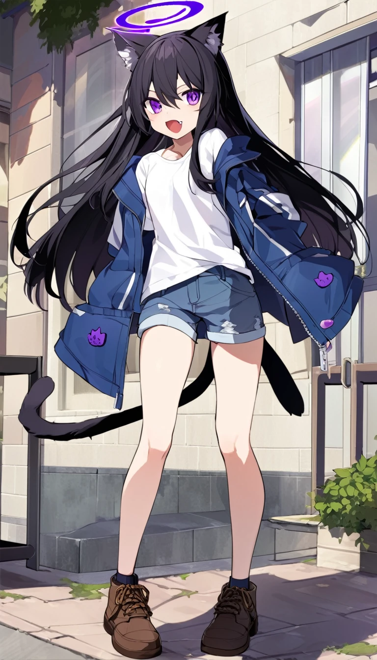 a young 14 year old girl, 4ft9 in Hight, open blue jacket, white shirt, short jeans, very long black hair, brown work shoes, ,purple eyes, ,fang, ,cat ears, ,cat tail, character design, purple halo,