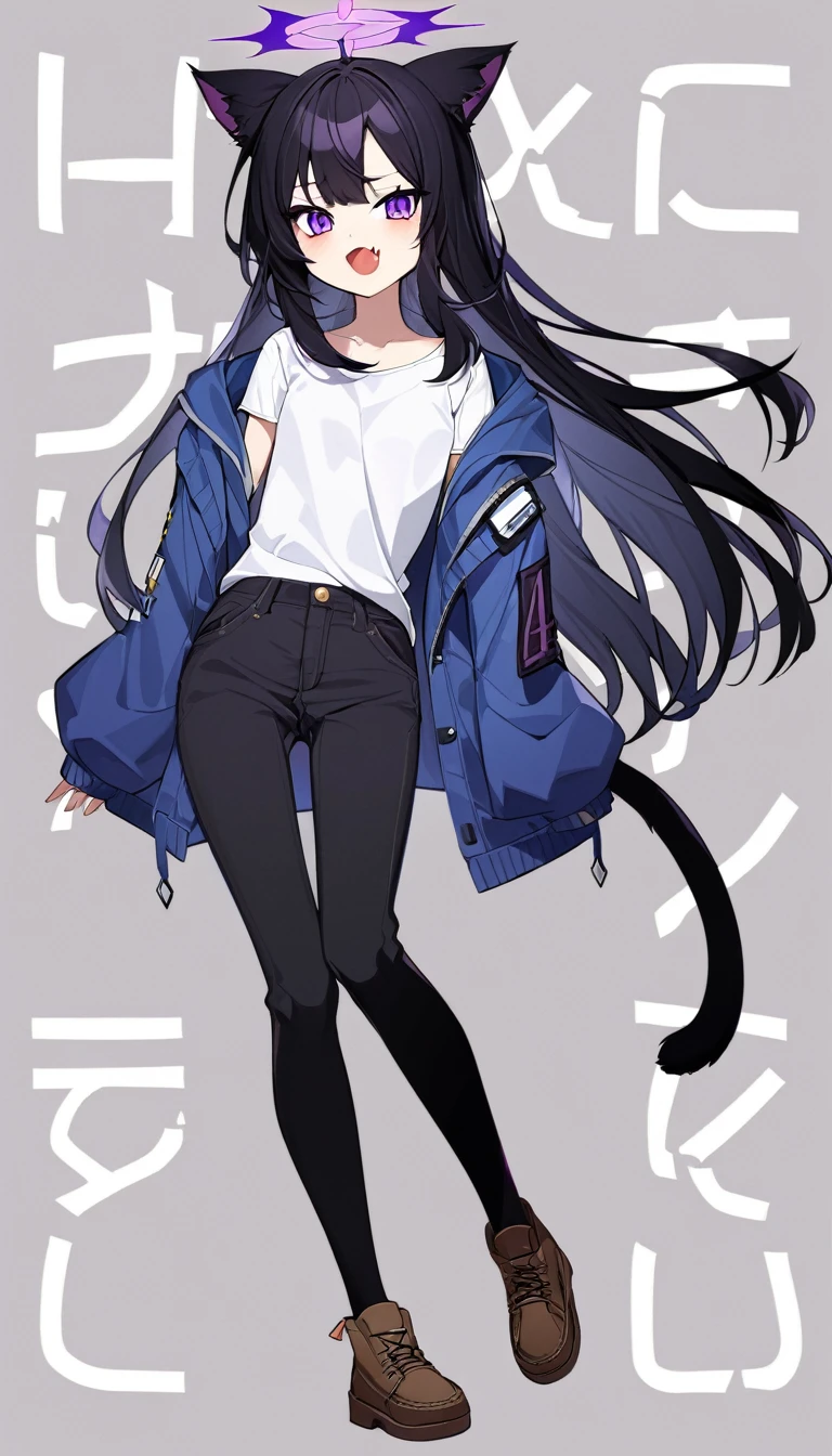 a young 14 year old girl, 4ft9 in Hight, open blue jacket, white shirt, short jeans, very long black hair, brown work shoes, ,purple eyes, ,fang, ,cat ears, ,cat tail, character design, purple halo,