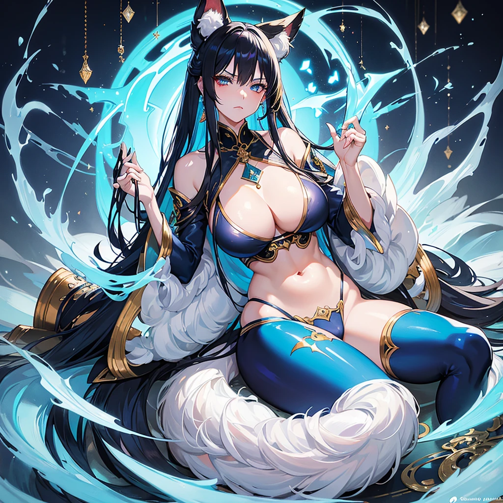  a beautiful blue and black kitsune, big breasts, long White hair, slim waist, detailed portrait, intricate details, dramatic lighting, mystical, elegant, sensual, long white tail, heterochromia (one blue eye, one red eye), His eyes would shine brightly, Surrounded by red energy fireflies, One piece swimsuit covering herself very angry and blushing