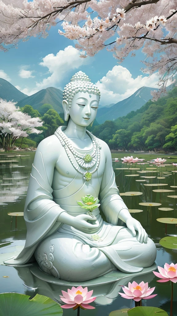 (Masterpiece),(Best quality),(Ultra-detailed), (Body:1.2), 1 Buddha statue, floating in a powerful zen state, with lotus flowers, White skin, Amitayus, sitting on a lotus flower, Chant the Buddha's name with both hands, temples, wearing an outfit, White skin, face round, kind, gentle, look, Mountains, green trees, Cherry blossoms, sunlight gentle, forest, Birds, Clouds, dew, En plein air, Bright, fresh, Green, White skin, (Beautiful detailed face), (Eyes closed), (surrealism),