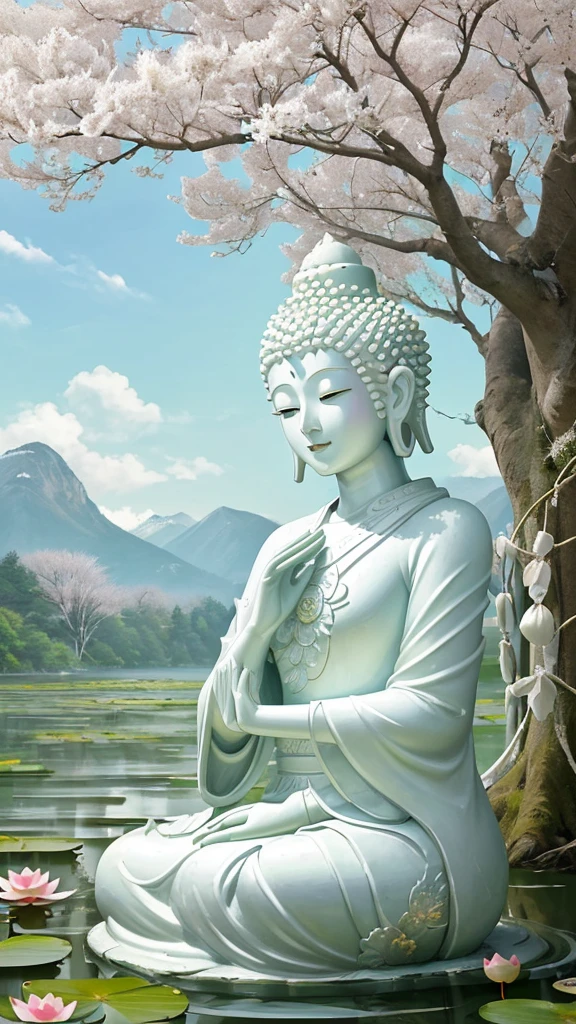 (Masterpiece),(Best quality),(Ultra-detailed), (Body:1.2), 1 Buddha statue, floating in a powerful zen state, with lotus flowers, White skin, Amitayus, sitting on a lotus flower, Chant the Buddha's name with both hands, temples, wearing an outfit, White skin, face round, kind, gentle, look, Mountains, green trees, Cherry blossoms, sunlight gentle, forest, Birds, Clouds, dew, En plein air, Bright, fresh, Green, White skin, (Beautiful detailed face), (Eyes closed), (surrealism),