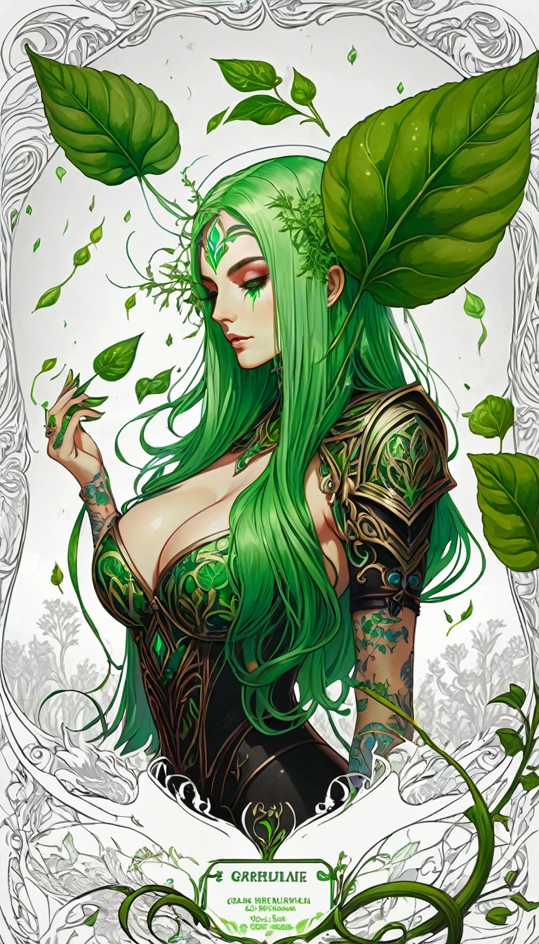 divine beautiful dlyad girl, long green hair, large breasts, personified, fantasy, excellent lighting, excellent anatomy, leaves, weeds, sprouts, trees, soil, ethereality, fantasy card game frame, psychedelic, psychedelic delusion, 2d Gauche hand drawn painting, masterpiece 