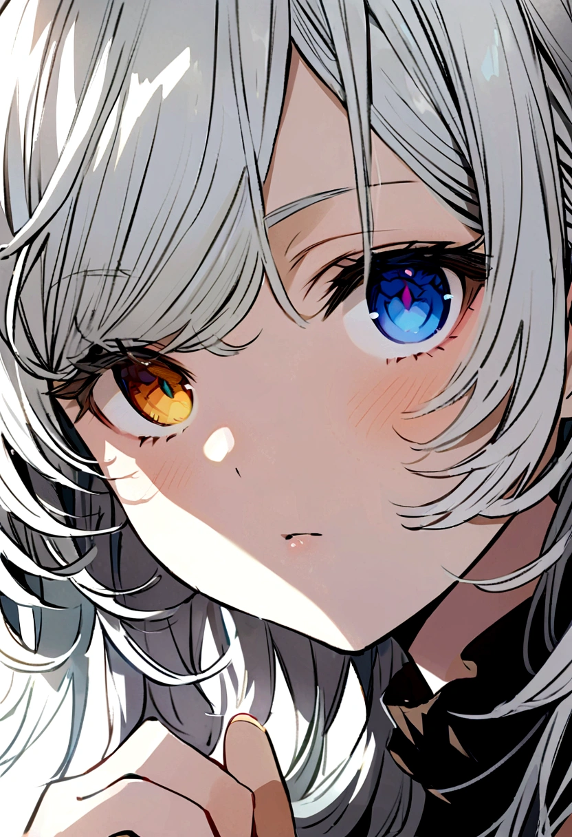 Anime girl with white hair, heterochromia(gray left eye, blue right eye)
