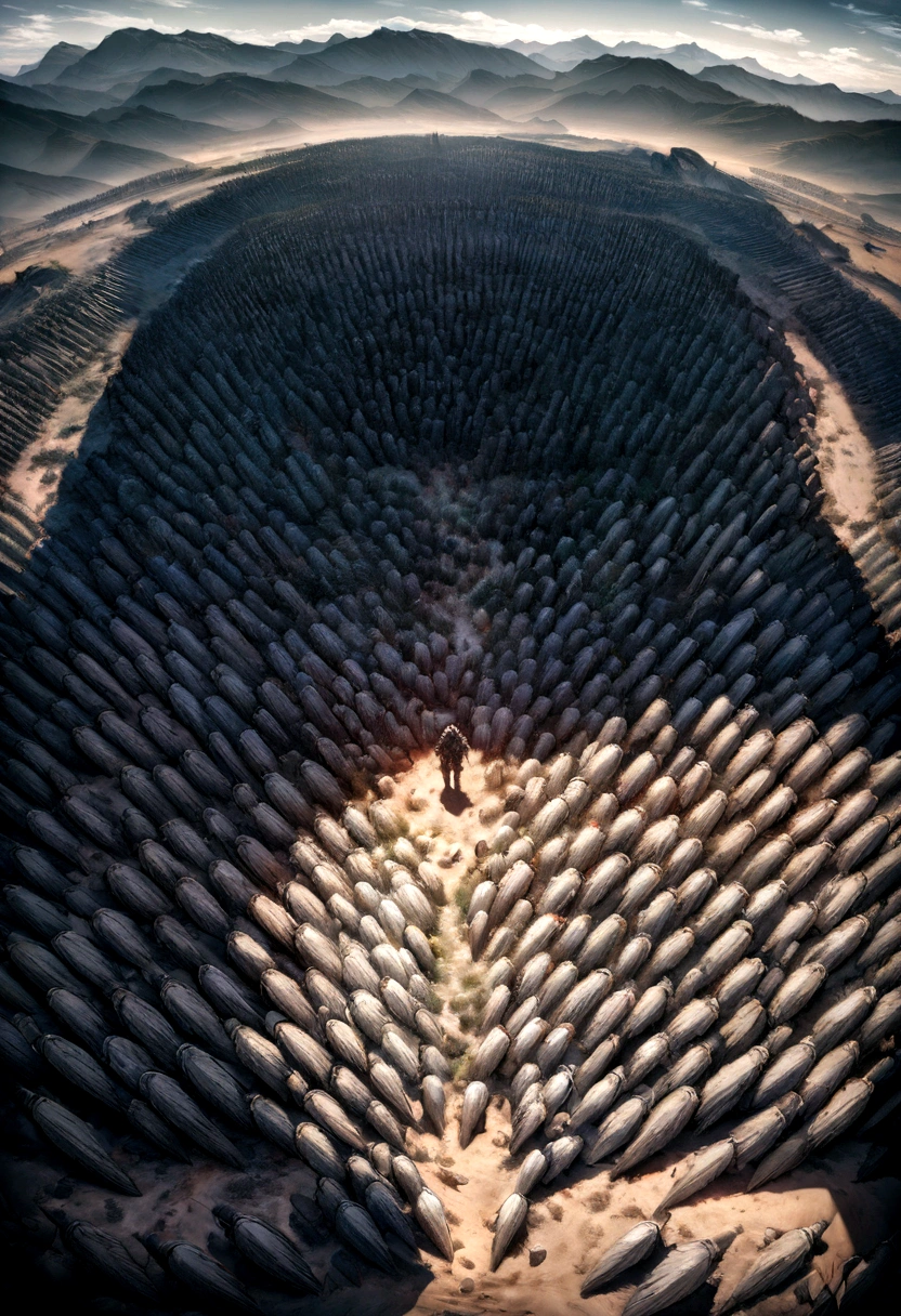 masterpiece, best quality, 8K, HDR, ultra detailed, wasteland、10,000 troops in formation、Overhead shot