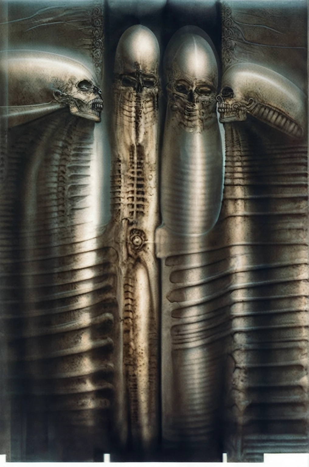 The image is a detailed view of H.R. Giger's \" Landscape XVI \" plate, featuring a complex network of bones and organs in a purple-brown hue ,swirling gray and brown colors. The artwork is silver and purplish brown, with an ivory bones prominently displayed. The image is highly detailed and intricate, almost like a 3d version of a medical diagram
The image is an artistic representation of a mechanical structure with pipes and gears, with a skeletal creature and a windmill blade.
The image depicts a surreal, anatomical illustration of a alien body with a skeleton inside, surrounded by a network of tubes and pipes.
biomechanical landscape by Hans Rudie Giger composed of fossilized and mummified alien life forms. Image depicts a strange and dreamlike, combines biological and mechanical ,managed to dreamlike quality. Centralized recognizable shapes of skulls, rib cages, and spines, all intertwined with tubes and cables. These shapes suggest fossilized mummified alien life forms. Central skeletal structures and what appears to be a ribcags of ivory in the foreground are the most identifiable organic elements. The mechanical elements are evident in the wires and tubes emanating from the skeletals, as well as the smooth metallic tubes. In the background shapes are visible that could be interpreted as other fossilized or mummified alien life.
Light source from the top highlights skeletals, upper part of foreground, lower part of image is in shadow.
The piece is a tableau, most likely created with a India ink pen or pencil on paper, determined by the thin lines, shading techniques, and the texture of the paper, which is visible around the edges.
used is pen, given the shading and variations in line weight visible in the image. One have used a variety of pencils with different degrees of hardness to achieve the shading effects
The placement of the creatures on the center follows the rule of thirds, a principle in composition that places important elements along im