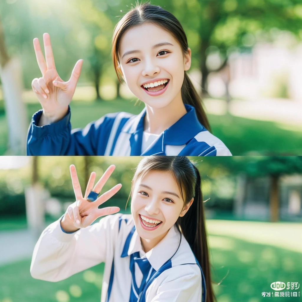 "High school girl smiling showing her teeth、Making a peace sign、Wearing a uniform、ponytail、With three friends、Selfie、garden、Outdoor Setting、Bright sunshine、Nature background、Bright expression、Vibrant colors、Very detailed、Close-up" "(オクタンRender、Render、drawing、anime、Bad photos、Bad photos撮影:1.3)、(Worst quality、low quality、Blur:1.2)、(Bad teeth、Deformed teeth、Deformed lips)、(Bad Anatomy、Bad ratio:1.1)、(Deformed iris、Deformed pupil)、(Deformed eyes、Bad Eye)、(Deformed face、Ugly Face、Bad face)、(Deformed Hand、Bad move、Fused fingers)、Pathological、Disconnect、mutation、Malformation"