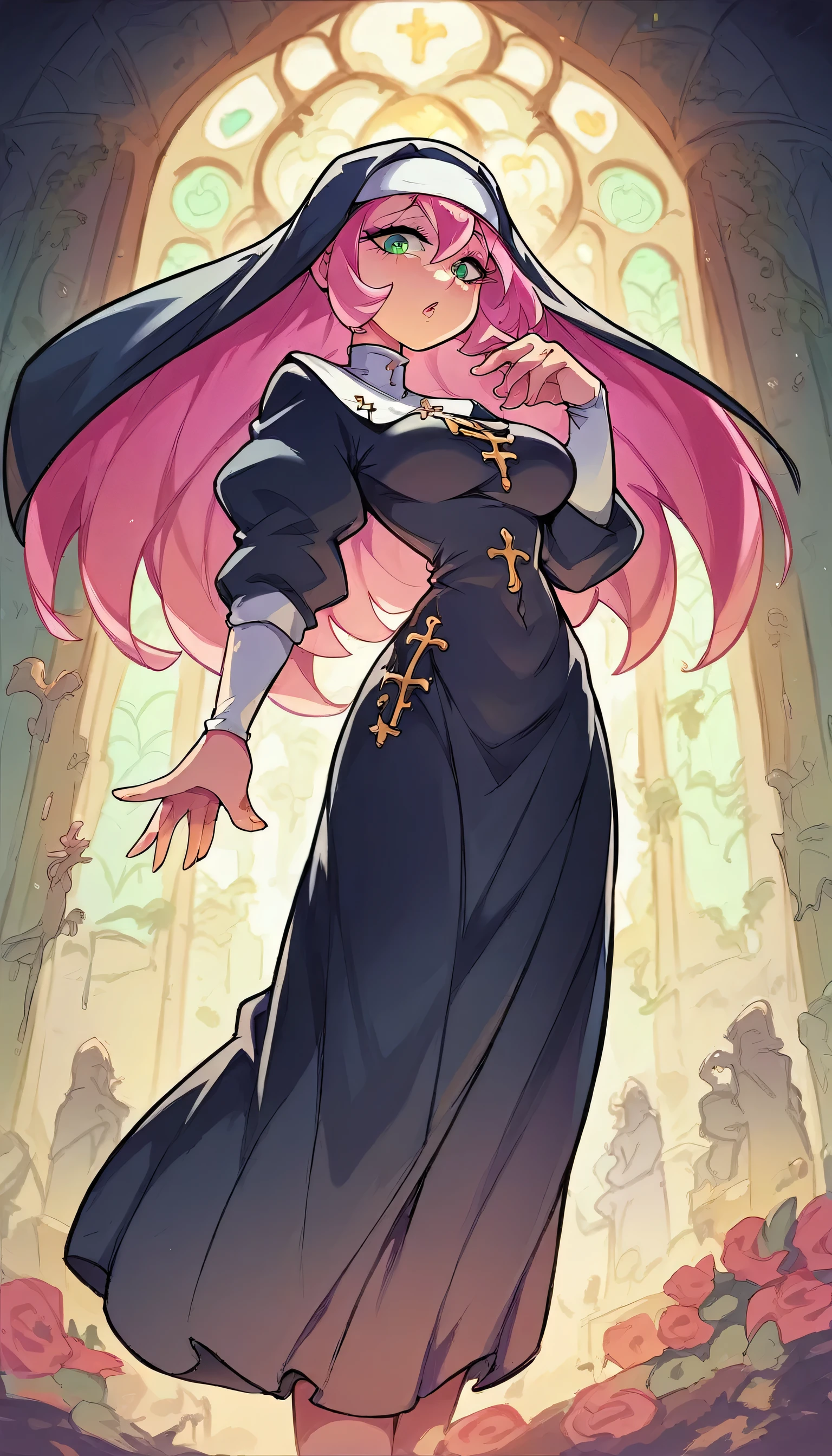  a poor girl nun beautiful intelligent long pink hair wavy her green eye she dresses nun long dress and a long black skirt she dark mind 