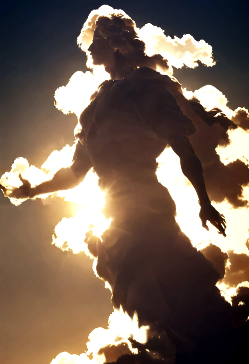 Jesus Christ formed by a cloud, sun shine in the background.