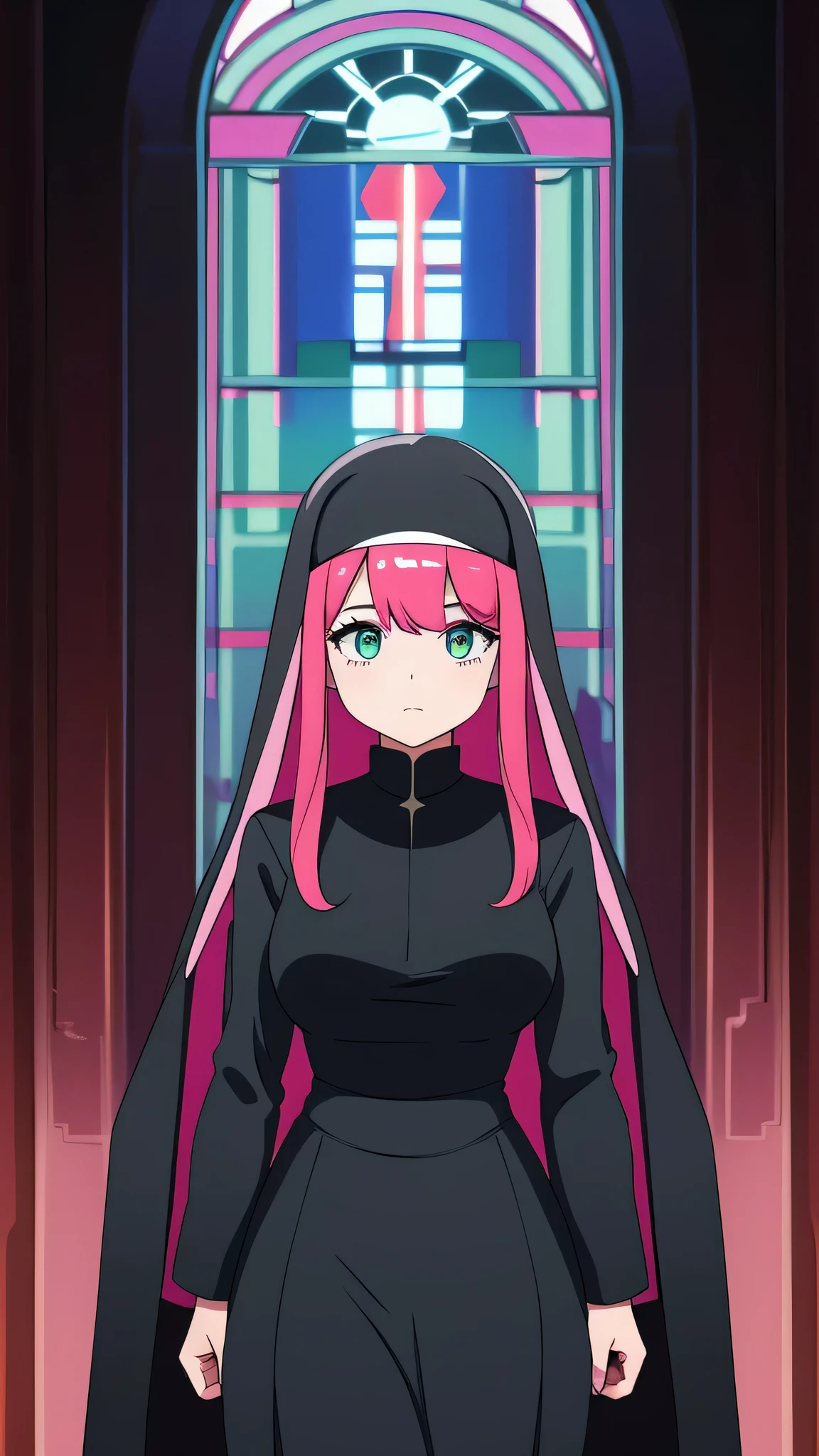 a girl cyber nun beautiful intelligent long pink hair wavy her green eye wearing virtual lens blue helmet micro dresses nun long dress and a long black skirt she shows digital hand