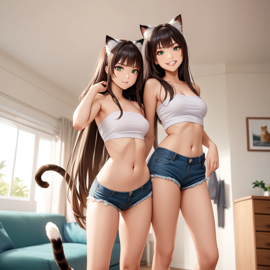 Sexy Posing, standing apart, Female, 30 years old, cute, eyeliner, long hair, biting lip smile, tube top, jean shorts, bedroom eyes, catgirl, cat ears, living room background, 8k, hi res, (best quality, masterpiece), green eyes, long cat tail, Duo, twins , one happy, one annoyed