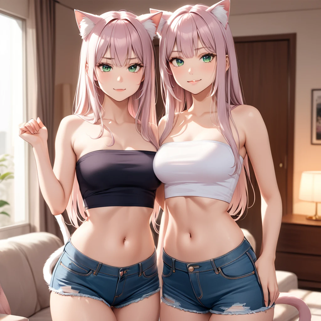 Sexy Posing, standing apart, Female, 30 years old, cute, eyeliner, long hair, biting lip smile, tube top, jean shorts, bedroom eyes, catgirl, cat ears, living room background, 8k, hi res, (best quality, masterpiece), green eyes, long cat tail, Duo, twins , one happy, one annoyed