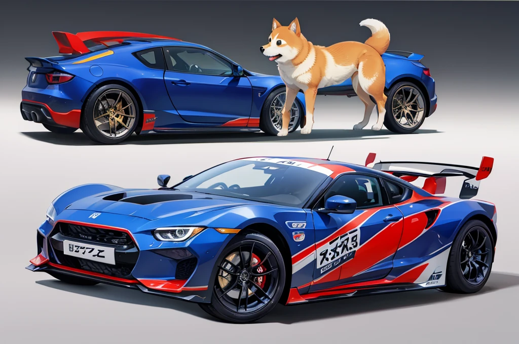 a sports car with a cute shiba on it