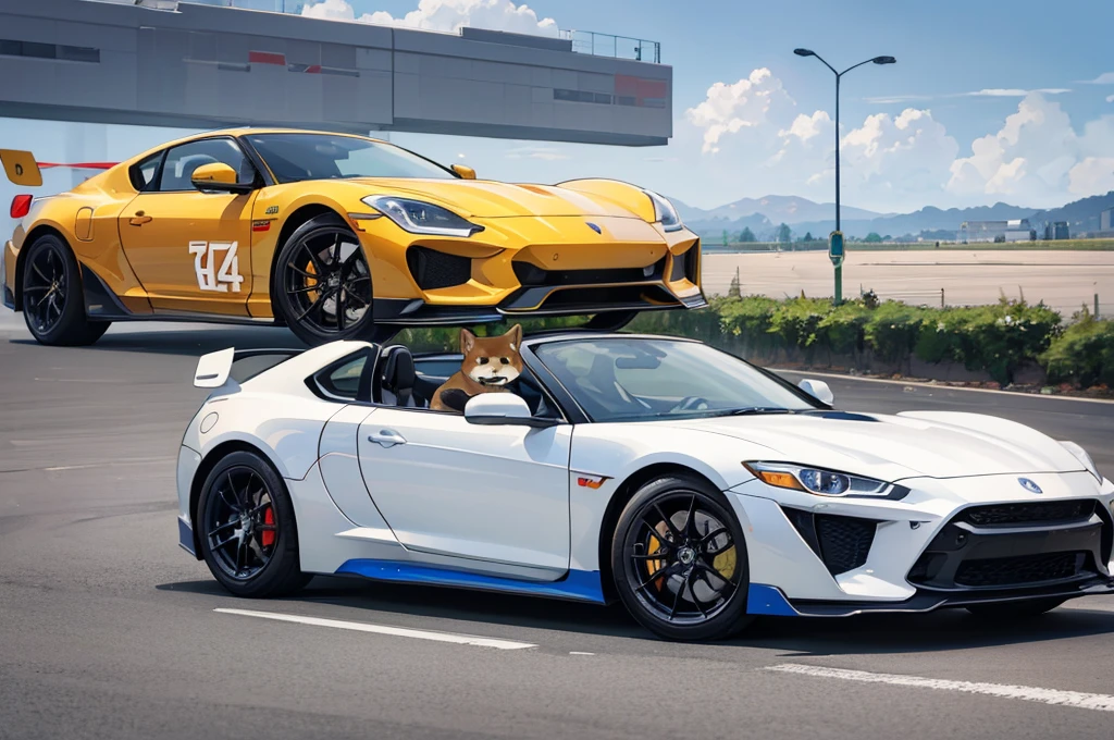 a sports car with a cute shiba on it