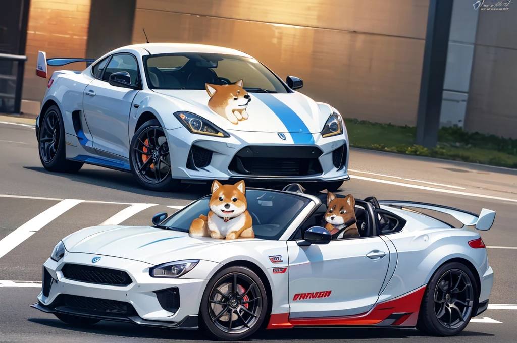 a sports car with a cute shiba on it