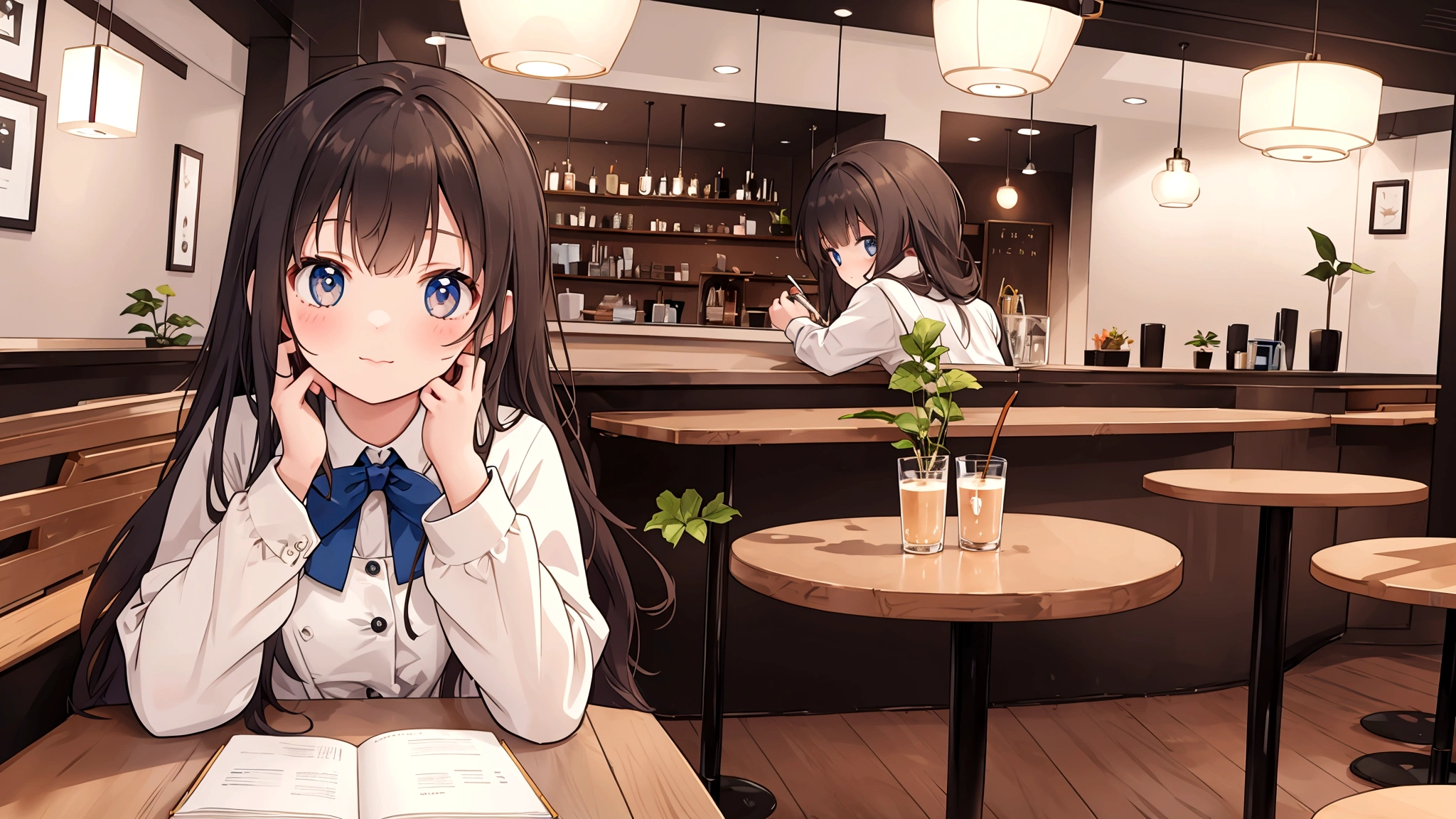 Cute girl studying alone in cafe