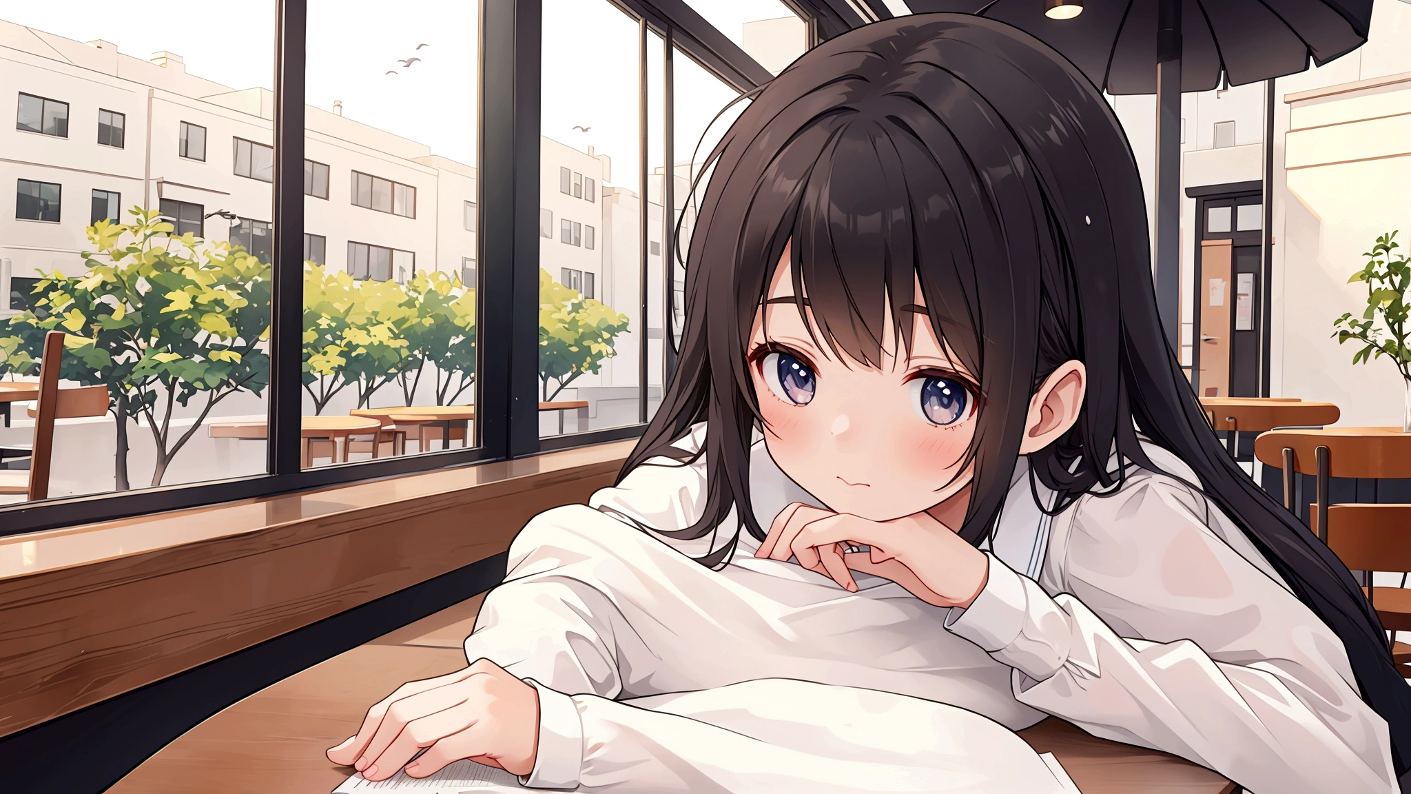 Cute girl studying alone in cafe