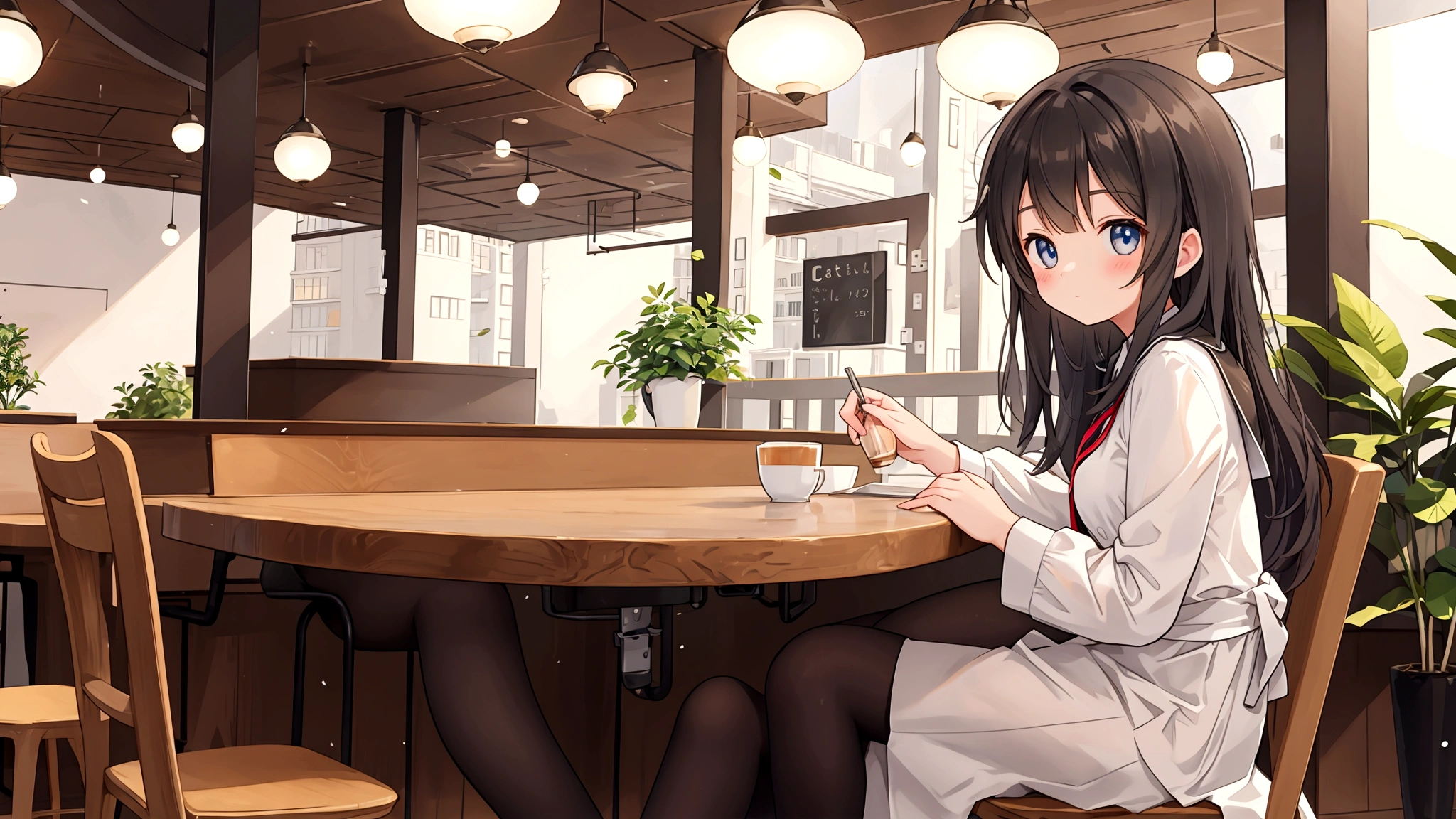 Cute girl studying alone in cafe