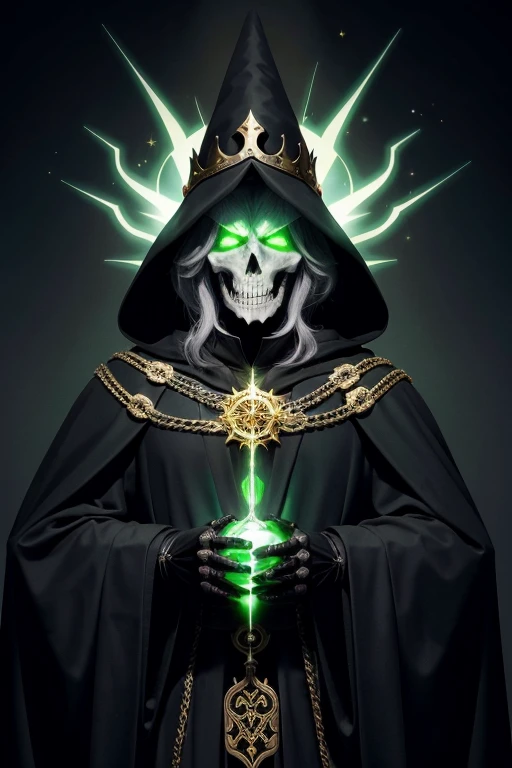 Draw an evil wizard, with eyes that glow green, thin-faced with dry skin, almost a skeleton, wearing black and gold robes and a black crown with red jewels