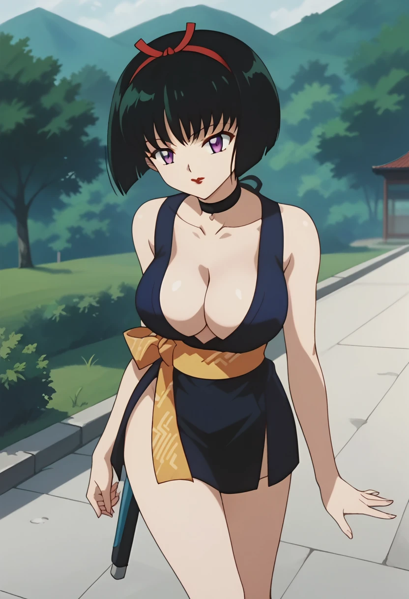 score_9, score_8_up, score_7_up, source_anime, best quality, masterpiece, rating_explicit, uncensored, anime screencap, megami magazine, BREAK, SAKASAGAMINOYURA, 1GIRL, large breasts, cleavage, BLACK HAIR, HAIR BAND, BOB_CUT, PURPLE EYES, CHOKER, SLEEVELESS, SHORT KIMONO, red lip, outdoors, open stance