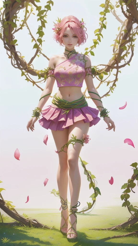 A woman with a pink petal crop top and short skirt, And pink petal bracelets on her wrists and ankles, She has green vines merged with her skin (Green veins), Alraune, Fantasy Plant species.