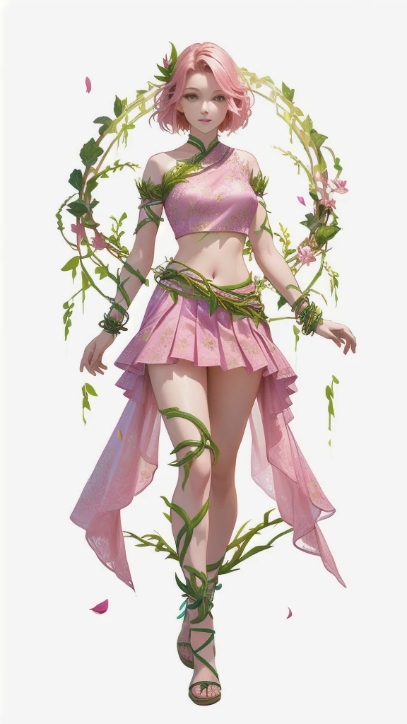 A woman with a pink petal crop top and short skirt, And pink petal bracelets on her wrists and ankles, She has green vines merged with her skin (Green veins), Alraune, Fantasy Plant species.