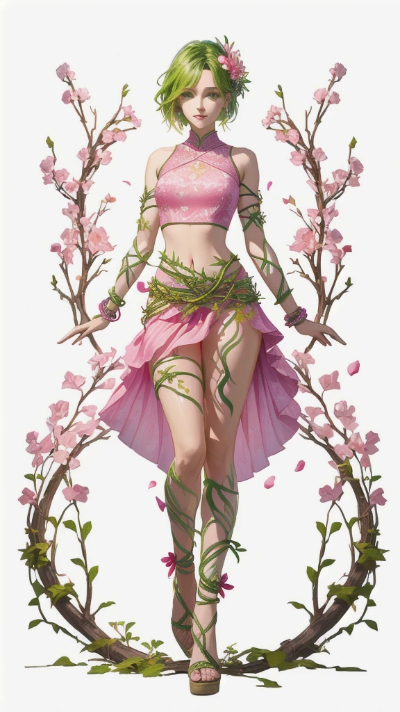 A woman with a pink petal crop top and short skirt, And pink petal bracelets on her wrists and ankles, She has green vines merged with her skin (Green veins), Alraune, Fantasy Plant species.