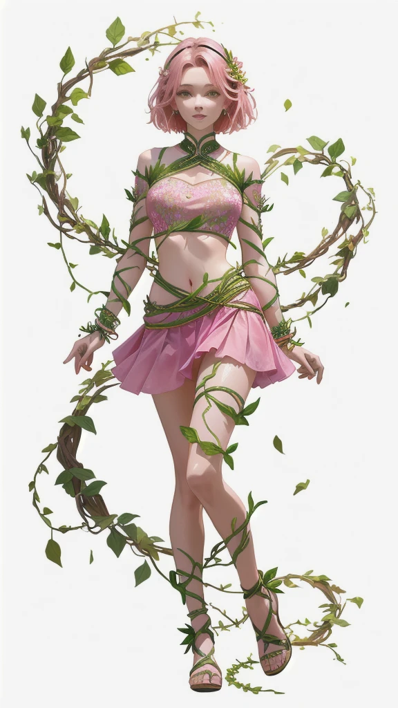 A woman with a pink petal crop top and short skirt, And pink petal bracelets on her wrists and ankles, She has green vines merged with her skin (Green veins), Alraune, Fantasy Plant species.