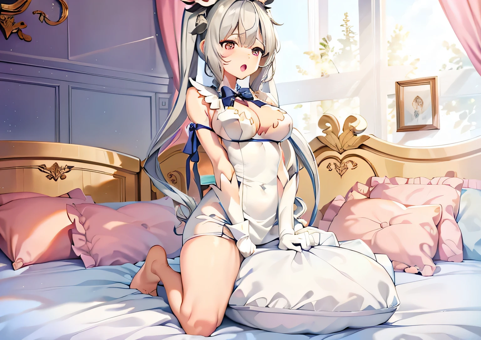 （best quality， masterpiece），mine, , details), (Light and shadow oxtail,，, bed background, Cute girl posing on pillow,，, ，Pillow,（piles of Pillow），Upholstered，（（four poster bed）），Soft pillow quotation，，Lots of Pillow，，（Pillow），，The love surrounding the protagonist，steam，，，Luxury Pillow），，（luxury bed），（Gorgeous pattern pillow），luxurious pillow，（bedroom ），，，pillow humping，hump，open mouth，,red eyes,,kneeling,（Love around the protagonist），（Steaming hot），（pillow）,Four poster bed，Canopy bed，Lots of pillow，princess bed，hitting pillow, punching pillow, hestia, blue eyes, black hair, twintails, barefoot, blue bow, blue bowtie, bow, bowtie, cleavage, cleavage cutout, clothing cutout, dress, gloves, pencil dress, (rei no himo:1.5), short dress, white dress, white gloves