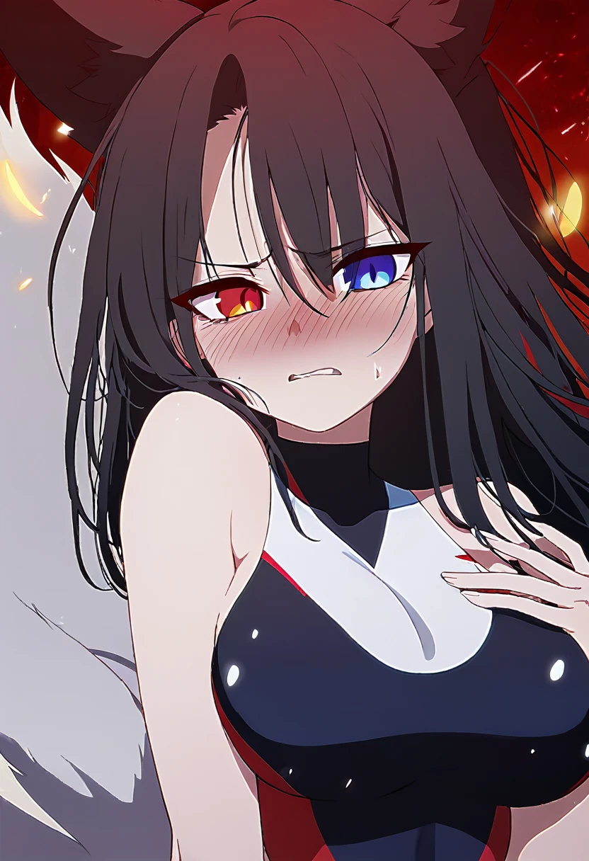 a beautiful blue and black kitsune, big breasts, long black hair, slim waist, detailed portrait, intricate details, dramatic lighting, mystical, elegant, sensual, long white tail, heterochromia (one blue eye, one red eye), His eyes would shine brightly, Surrounded by red energy fireflies, Wearing a one-piece swimsuit, covering herself up, very blushing and angry,