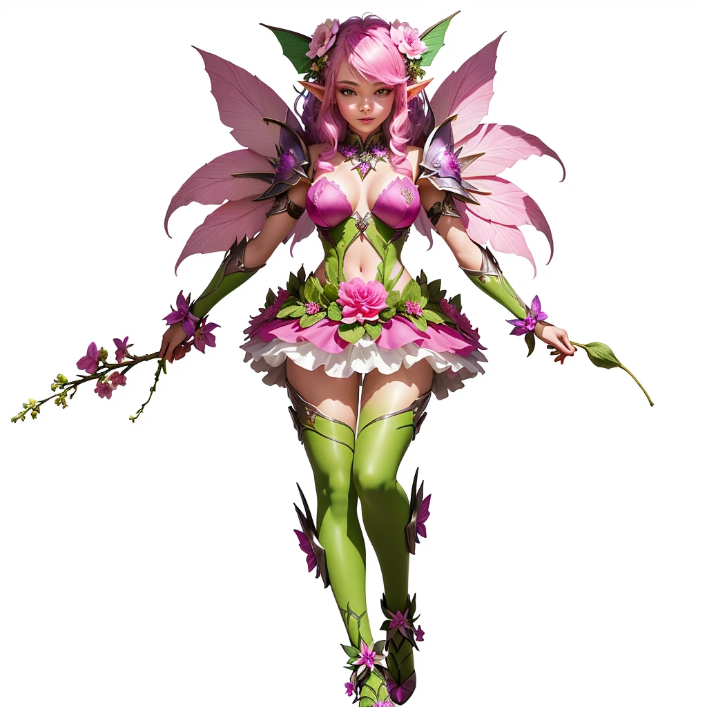 a cartoon image of a woman dressed in a costume with flowers, elf girl wearing an flower suit, pixie character, humanoid flora, exotic fey features, fae teenage girl, space flower fairy, fuschia skin, fuchsia skin, faerie, floralpunk elysian maiden, fae, exotic alien flora, fuchsia skin below the armor