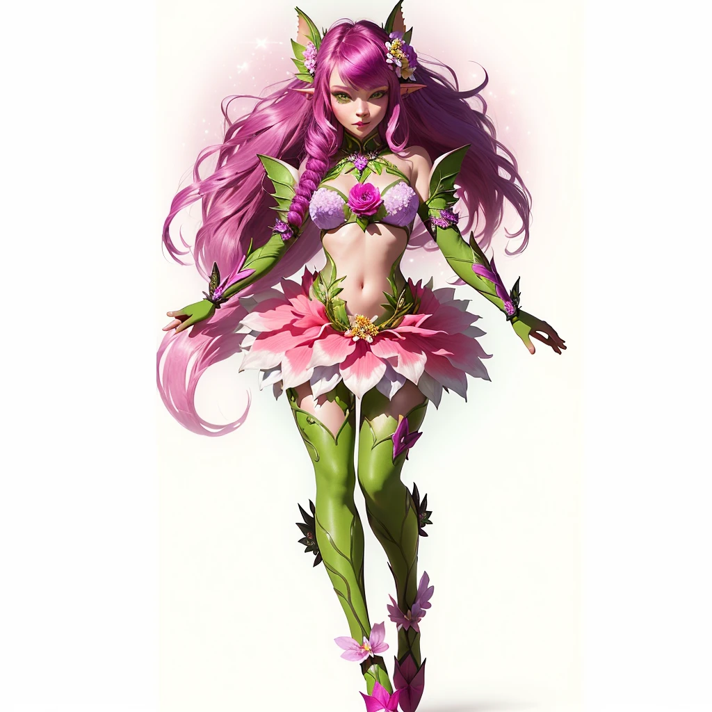 a cartoon image of a woman dressed in a costume with flowers, elf girl wearing an flower suit, pixie character, humanoid flora, exotic fey features, fae teenage girl, space flower fairy, fuschia skin, fuchsia skin, faerie, floralpunk elysian maiden, fae, exotic alien flora, fuchsia skin below the armor
