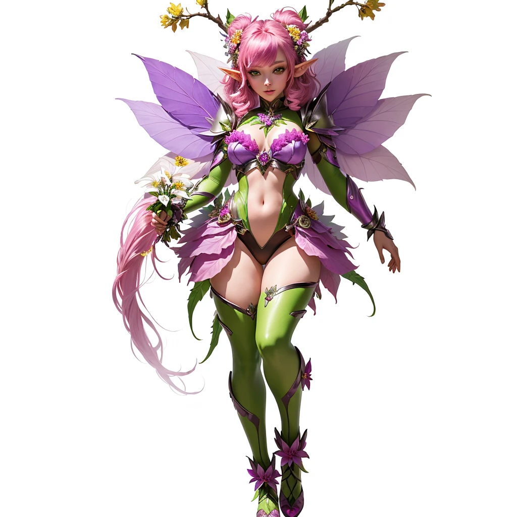 a cartoon image of a woman dressed in a costume with flowers, elf girl wearing an flower suit, pixie character, humanoid flora, exotic fey features, fae age girl, space flower fairy, fuschia skin, fuchsia skin, faerie, floralpunk elysian maiden, fae, exotic alien flora, fuchsia skin below the armor