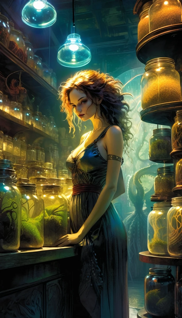 a sexy girl in a sexy dress tends the store at the counter, fantastic store, Fantasy world, dark, disturbing, strange, unnatural, (Rembrandt Lighting: 1.3) light particles, lens flares, store with several tentacles inside large jars, , a woman shopping, live tentacles for sale inside jars, side chest, forest cat on stage, close-up of the upper part of the body, artistic masterpieces that will go down in history, fantastic backgrounds, memorable scenes, fantastic angles (masterpiece : 1.2), (best quality: 1.2), intricate details, newest, AI generated (Bill Sienkiewicz inspired art, intricate details, oil painting)
