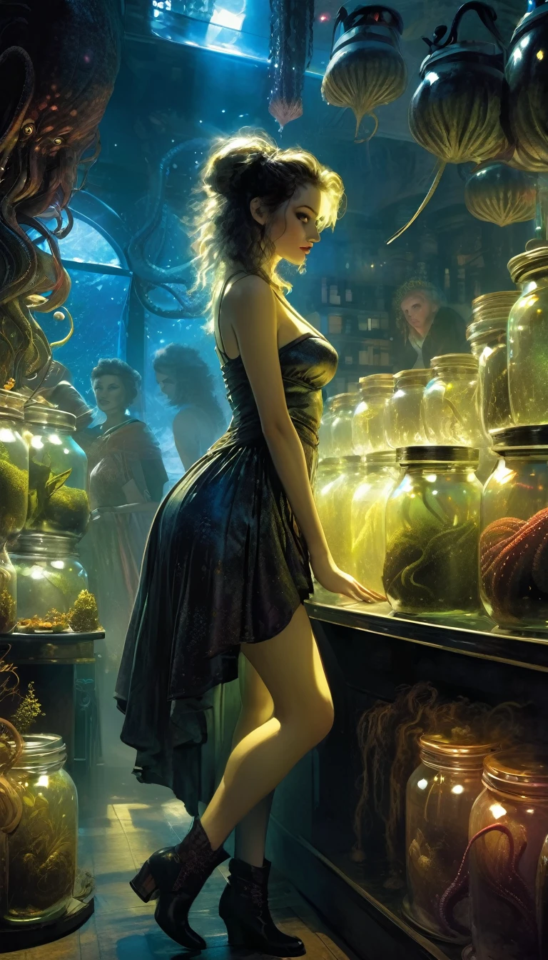a sexy girl in a sexy dress tends the store at the counter, fantastic store, Fantasy world, dark, disturbing, strange, unnatural, (Rembrandt Lighting: 1.3) light particles, lens flares, store with several tentacles inside large jars, , a woman shopping, live tentacles for sale inside jars, side chest, forest cat on stage, close-up of the upper part of the body, artistic masterpieces that will go down in history, fantastic backgrounds, memorable scenes, fantastic angles (masterpiece : 1.2), (best quality: 1.2), intricate details, newest, AI generated (Bill Sienkiewicz inspired art, intricate details, oil painting)