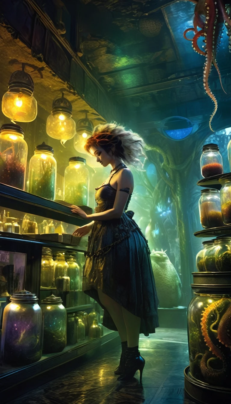 a sexy girl in a sexy dress tends the store at the counter, fantastic store, Fantasy world, dark, disturbing, strange, unnatural, (Rembrandt Lighting: 1.3) light particles, lens flares, store with several tentacles inside large jars, , a woman shopping, live tentacles for sale inside jars, side chest, forest cat on stage, close-up of the upper part of the body, artistic masterpieces that will go down in history, fantastic backgrounds, memorable scenes, fantastic angles (masterpiece : 1.2), (best quality: 1.2), intricate details, newest, AI generated (Bill Sienkiewicz inspired art, intricate details, oil painting)