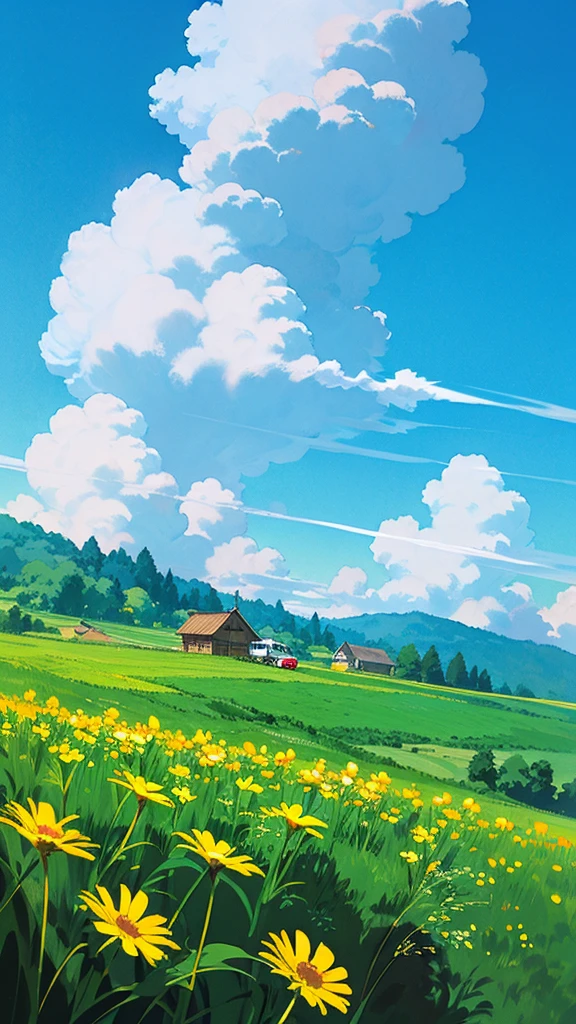 (((best quality))),blue_sky, cloud, cloudy_sky, condensation_trail, small wood house, dandelion, day, field, flower, flower_field, holding_flower, horizon, kazami_yuuka, mountain, mountainous_horizon, outdoors, sky, straw_hat, summer