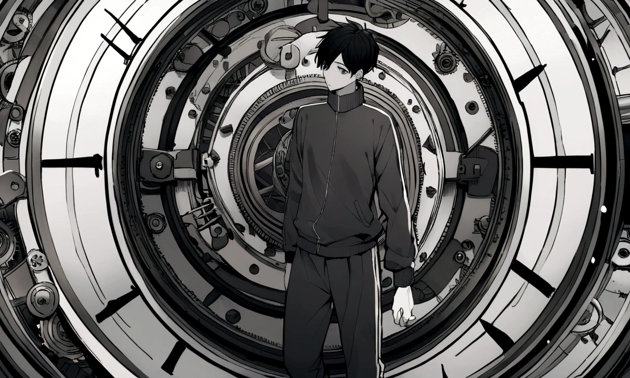 black and white drawing, giant clockwork background, hang from clockwork, human, 26 year old male, black neat hair, a lonely face, wearing gray tracksuit, put one's foot on the clock hand,