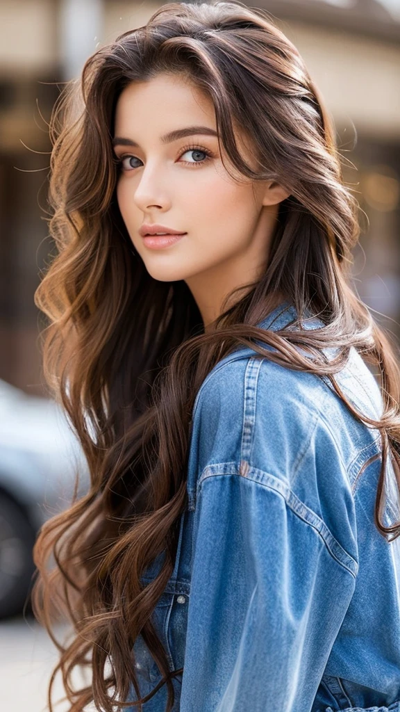 premier plan: A stunning European woman, 18 years old, with wet, windblown wavy hair. she is a model for a men&#39;s magazine, displaying a subtle smile while playfully interacting with the camera. (She is dressed in&#39;an elegant denim jacket, jeans, and a denim crop top:1.2). background: a beautiful, Contemporary bedroom. She has perfect eyes, perfect hands, an impeccable body, perfect hair, and large, perfect tits, with her hair tucked behind her ear. UHD, quality of the retina, head of&#39;artwork, accurate, anatomiquement accurate, textured skin, extremely detailed, very detailed, Superior quality, prime, best quality, High resolution, 16k, 8k.