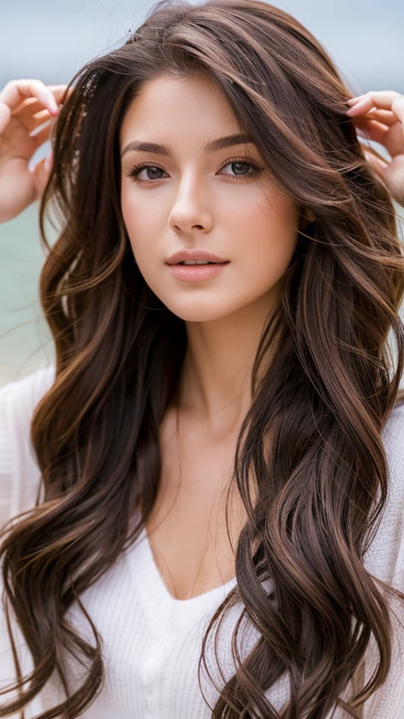 premier plan: A stunning European woman, 18 years old, with wet, windblown wavy hair. she is a model for a men's magazine, displaying a subtle smile while playfully interacting with the camera. (She is dressed in'an elegant denim jacket, jeans, and a denim crop top:1.2). background: a beautiful, Contemporary bedroom. She has perfect eyes, perfect hands, an impeccable body, perfect hair, and large, perfect tits, with her hair tucked behind her ear. UHD, quality of the retina, head of'artwork, accurate, anatomiquement accurate, textured skin, extremely detailed, very detailed, Superior quality, prime, best quality, High resolution, 16k, 8k.