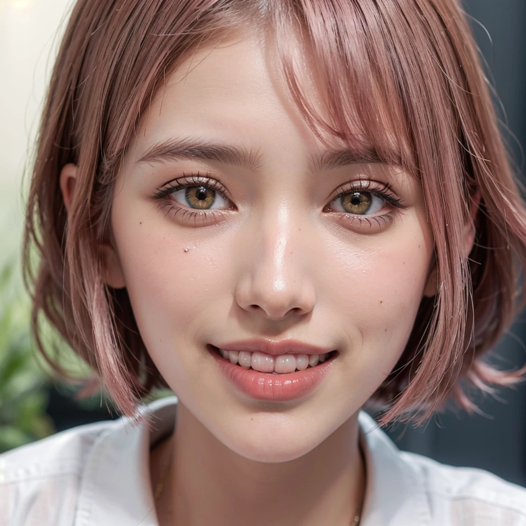 1 girl, 19 years old, south korean, 4k, masterpiece, realistic, frekles under eyes, short whavy brown hair, faded pink hair, bob hair-cut, shining pink pupils, detailed pupils, red lips, red eyeliners, happy, big smile, perfect teeth, white teeth, multiple of frekles under eyes, detailed face, facing camera, bright colors, close up, face focus.