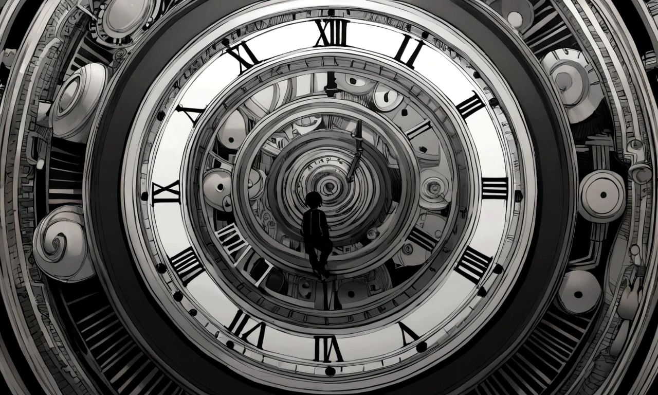 
black and white drawing, giant clockwork background, hang from clockwork, human, 26 year old male, black neat hair, a lonely face, wearing gray tracksuit, put one&#39;s foot on the clock hand, cling to the clock.