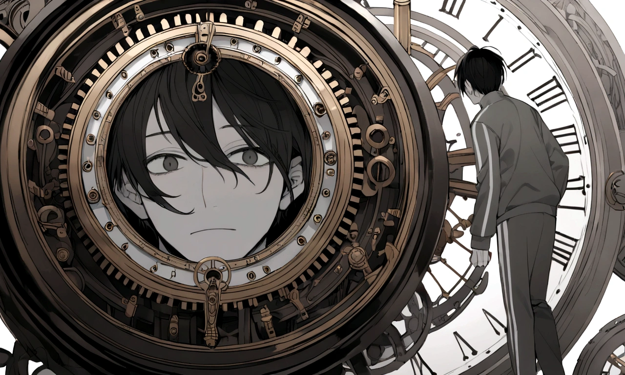 black and white drawing, giant clockwork background, hang from clockwork, human, 26 year old male, black neat hair, a lonely face, wearing gray tracksuit, put one's foot on the clock hand, cling to the clock.