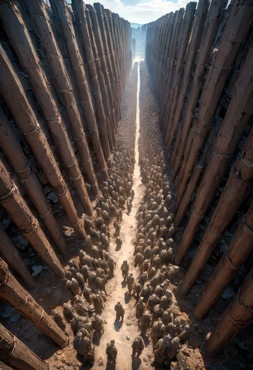 masterpiece, best quality, 8K, HDR, ultra detailed, wasteland、100 soldiers lined up、Overhead shot