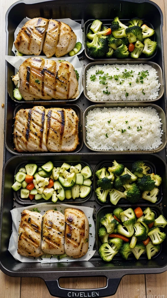 Grilled Chicken with Veggies**
**Ingredients**: Chicken breasts, olive oil, mixed veggies (broccoli, cauliflower, zucchini), seasoning
**Instructions**: Season chicken with salt, pepper, and herbs. Grill or bake until cooked through. Roast mixed veggies with olive oil, salt, and pepper. Divide into containers.
