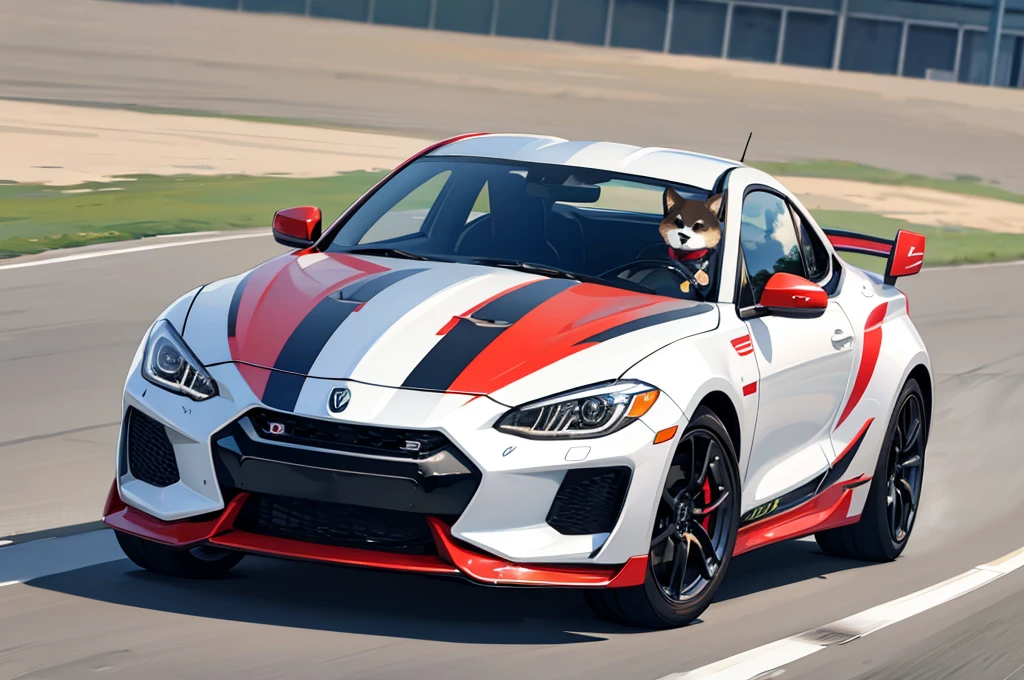 A cute shiba driving a sports car on the high way