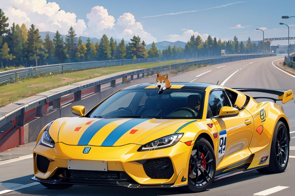 A cute shiba driving a sports car on the high way